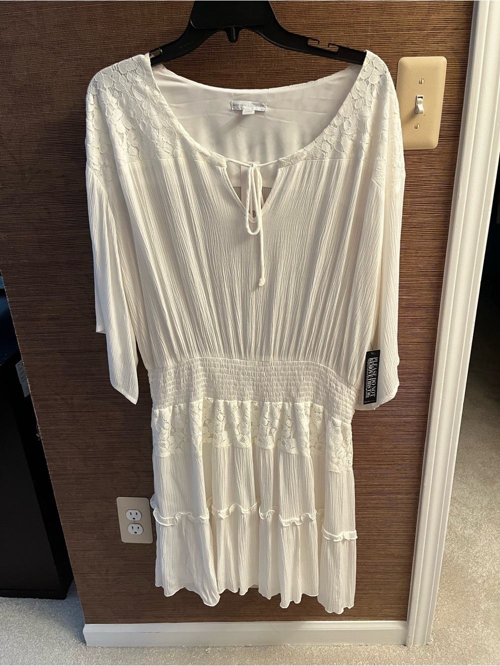 New York & Company White Long-Sleeve Tiered Lace Peasant Dress